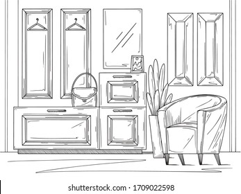 Sketch interior. Hallway furniture, various decorations and other elements. Vector illustration in sketch style.
