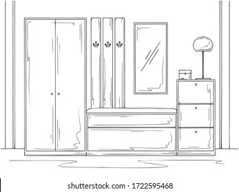 Sketch interior. Hallway furniture, various decorations and other elements. Vector illustration in sketch style.