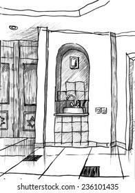 Sketch of the interior of the Jewish community center and synagogue Yekaterinburg. The second floor hall. Hand black-gray drawing .