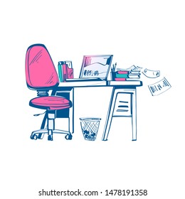 Sketch interior office workplace with computer and documents. Work office desk. Template for designers businessmen and freelancers. Hand drawn color abstraction. Vector illustration.
