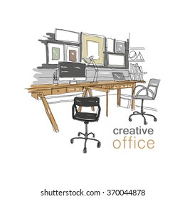 Sketch interior office workplace. Hand drawn vector illustration