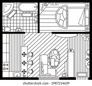 Sketch of interior plan. Detailed apartment furniture overhead top view. Room in flat style. House floor design project