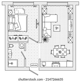 Sketch Of Interior Plan. Detailed Apartment Furniture Overhead Top View. Room In Flat Style. House Floor Design Project. Vector Blueprint