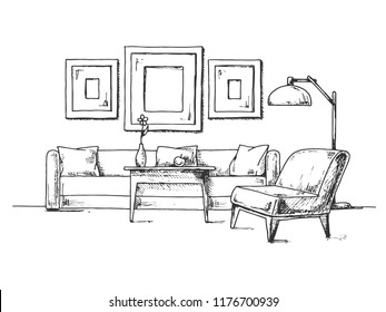 Sketch Of The Interior. Sofa, Armchair, Coffee Table And Other Interior Elements. Vector