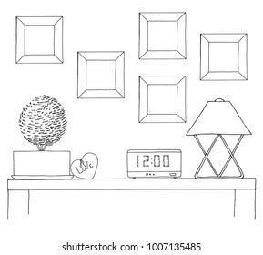 Sketch of the interior. A table, a bedside table, a shelf with various interior items. Can be used as a mock up. Frame for your graphics.