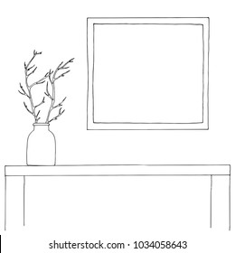 Sketch of the interior. Table, bedside table, shelf with various interior items. Can be used as a mock up. Frame for your graphics.