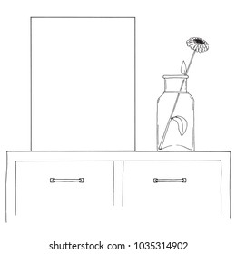 Sketch of the interior. Table, bedside table, shelf with various interior items. Can be used as a mock up. Frame for your graphics.