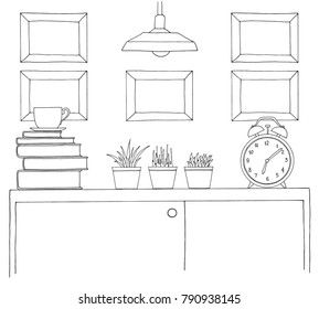Sketch of the interior. A table, a bedside table, a shelf with various interior items. Can be used as a mock up. Frame for your graphics.