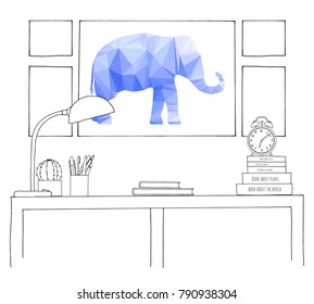 Sketch of the interior. A table, a bedside table, a shelf with various interior items. Can be used as a mock up. Frame for your graphics.
