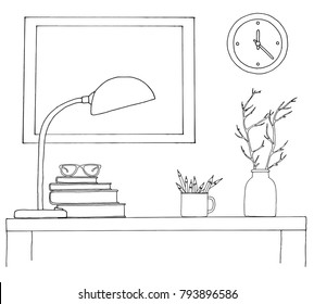 Sketch of the interior. A table, a bedside table, a shelf with various interior items. Can be used as a mock up. Frame for your graphics.