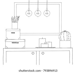 Sketch of the interior. A table, a bedside table, a shelf with various interior items. Can be used as a mock up. Frame for your graphics.