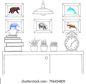 Sketch of the interior. A table, a bedside table, a shelf with various interior items. Can be used as a mock up. Frame for your graphics.