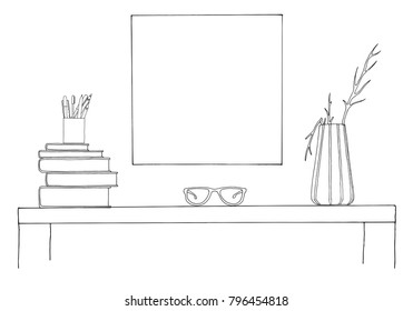 Sketch of the interior. A table, a bedside table, a shelf with various interior items. Can be used as a mock up. Frame for your graphics.