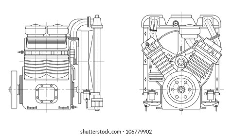 Sketch internal combustion engine. Vector EPS10