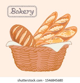 Sketch of inviting bread in a basket in a basket. Vector illustration.