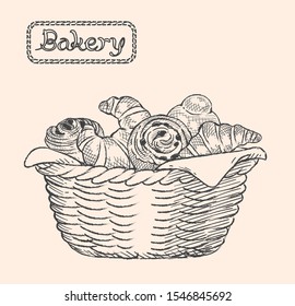 Sketch of inviting bread and buns in a basket. Vector illustration.	