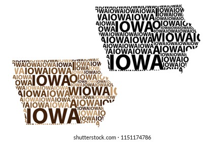 Sketch Iowa (United States of America) letter text map, Iowa map - in the shape of the continent, Map Iowa - brown and black vector illustration