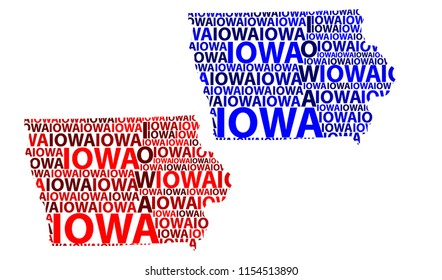 Sketch Iowa (United States of America) letter text map, Iowa map - in the shape of the continent, Map Iowa - red and blue vector illustration