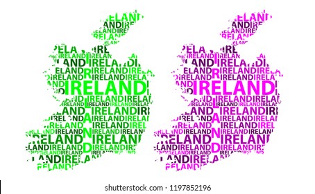 Sketch Ireland letter text map, Republic of Ireland - in the shape of the continent, Map Ireland - green and purple vector illustration