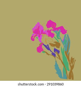 Sketch of irises, stripes, spots,branches, flowers, copy space. Hand drawn. Sketch from life.