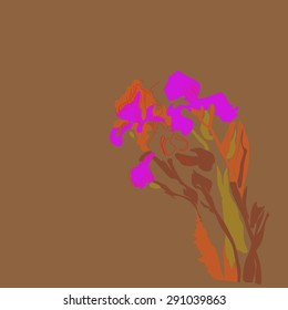 Sketch of irises, stripes, spots,branches, flowers, copy space. Hand drawn. Sketch from life.