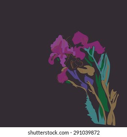 Sketch of irises, stripes, spots,branches, flowers, copy space. Hand drawn. Sketch from life.