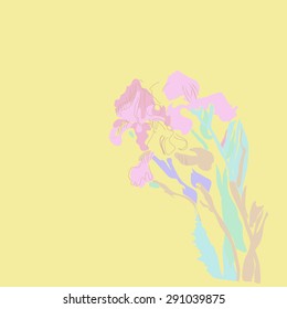 Sketch of irises, stripes, spots,branches, flowers, copy space. Hand drawn. Sketch from life.
