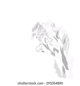 Sketch of irises, stripes, spots,branches, flowers, copy space. Hand drawn. Sketch from life.