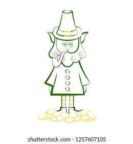 Sketch of a irish elf with gold coins and tobacco pipe. V ector illustration design