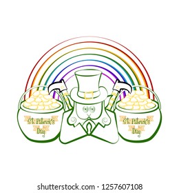 Sketch of a irish elf with gold coins pots and a rainbow. Vector illustration design