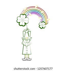 Sketch of a irish elf with a rainbow and clovers. Vector illustration design