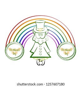 Sketch of a irish elf with a rainbow and saint patrick day coins. Vector illustration design