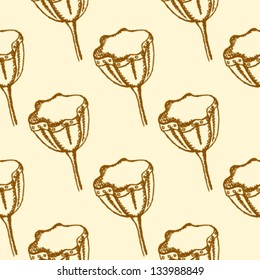 Sketch iron flowers, vector seamless pattern