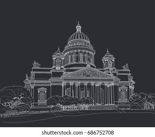 Sketch of Isaacs Cathedral in Saint Petersburg. Painted with chalk on black