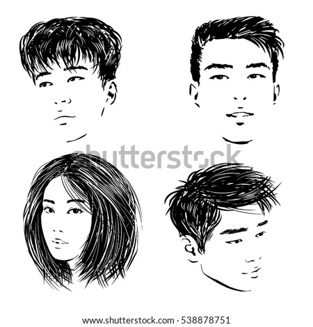 Sketch of the isolated Asian faces of the young people - the Chinese, Thai and Korean guys and Japanese girl.