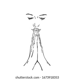 Sketch of isolated face of woman praying with hands folded in worship, eyes closed in hope, Hand drawn vector linear illustration