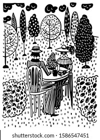 sketch isolated picture of a lady and a gentleman drinking tea in the garden among rose bushes, cartoon hand-drawn vintage digital vector illustration