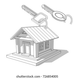 Sketch of Isometric image of private house with key isolated on white