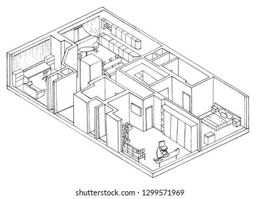Sketch, isometry, the apartment plan