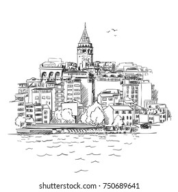 Sketch of Istanbul cityscape with famous turkish landmark Galata tower and seagulls flying in sky, Vector hand drawn illustration