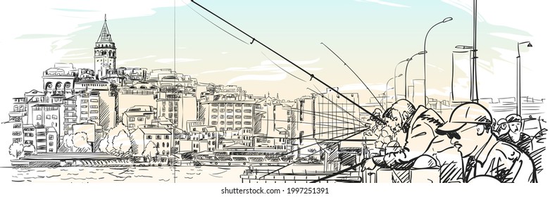 Sketch of Istanbul cityscape with fishermen on Galata bridge and Galata tower on watercolor background, Vector hand drawn illustration of famous turkish landmark long web banner