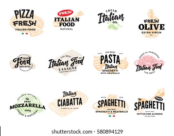 Sketch italian food logotypes collection for product design with traditional dishes and meals isolated vector illustration