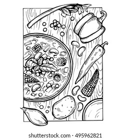 Sketch Italian minestrone soup and ingredients on the table. Hand drawn bean soup with ingredients , view from above.