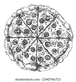 Sketch of italian pizza. Italian fast food. Whole round salami pizza. Illustration for menu. Engraved style. Black and white hand drawn pizza. Top view
