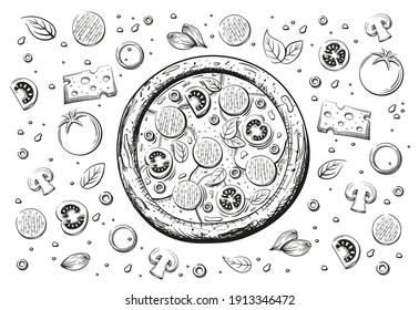 Sketch of Italian pizza isolated on white background. Pepperoni pizza close-up view from the top. Framed ingredients. Vector illustration