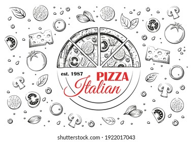 Sketch of Italian pizza and logo. Pepperoni pizza close-up view from the top. Framed ingredients. Vector illustration