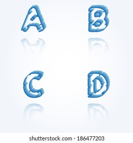 sketch jagged alphabet letters with 3d effect and shadow on white background, A, B, C, D