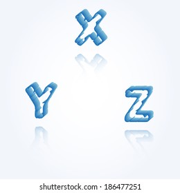 sketch jagged alphabet letters with 3d effect and shadow on white background, X, Y, Z