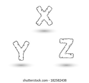sketch jagged alphabet letters with shadow on white background, X, Y, Z
