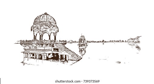 Sketch of Jaisalmer fort in the Indian state of Rajasthan. Vector illustration.